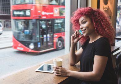 A female student in a London cafe