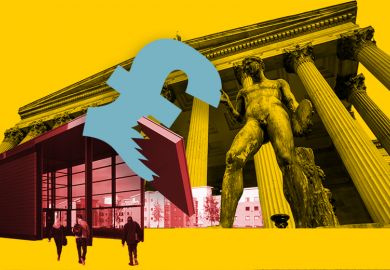 Statue in front of UCL holding a pound sterling symbol that is crashing through a roof at the University of Hertfordshire. To illustrate that a flat fee on international students would be easier for elite universities to bear than less-elite institutions