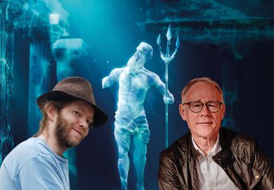 Montage with Flint Dibble (left) and Graham Hancock (right) and underwater classical statue.  Montage with Flint Dibble (left) and Graham Hancock (right) and underwater classical statue.