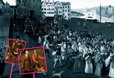 A black and white crowd scene with a few people highlighted