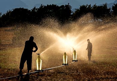Fountain pen nibs as part of an irrigation system for crops, illustrating that the humanities need to engage strongly with the factors that give them a place in society.