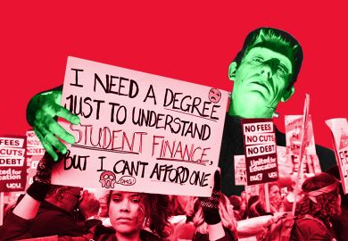 Montage of Frankenstein’s monster looming over a student protest against fees, London. 