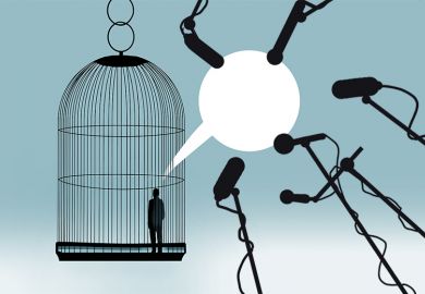 Person in a cage with speech bubble escaping the cage and being surrounded by microphones, illustrating that censoring rival arguments can end up giving them a wider audience.