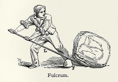 A man lifts a boulder with a lever, illustrating the force multiplier effect of AI
