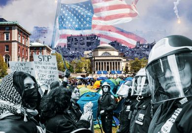 Montage that shows the destruction in Gaza; Student demonstrators occupy the West Lawn of Columbia University; Students and pro-Palestinian activists face police as they gather outside of Columbia University; torn US flag