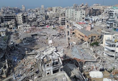 An aerial view of Al-Aqsa University in Gaza City destroyed after an Israeli strike on November 29, 2025.