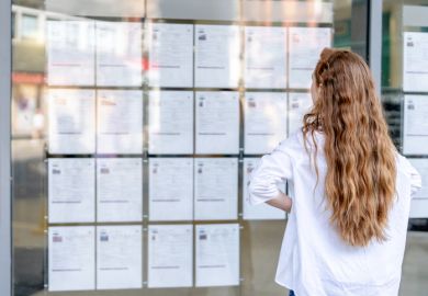 Young woman examines job listings posted outside a building Young woman examines job listings posted outside a building