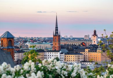 Stockholm cityscape, with a church spire in the centre