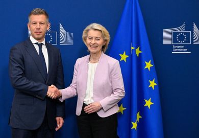 European Commission President Ursula von der Leyen (R) welcomes Hungary's Prime Minister Peter Magyar