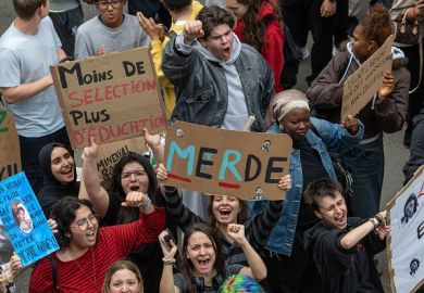 Students gather to protest against the tuition fee increase, outside the headquarters of the Federation Wallonie Bruxelles in Brussels on Wednesday 03 June 2026.