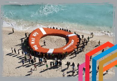 People flocking around giant lifebelt to suggest how business can build coalitions to promote sustainability and rescue the planet