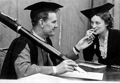 Actor Will Hay with an outsize pen, 1937. To illustrate that supervisors claiming co-authorship of PhD papers can be a ‘form of fraud’.