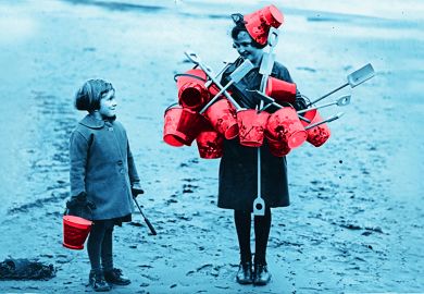 A young girl with one bucket looks at a girl carrying many buckets. To illustrate the question of whether the bucket model of UKRI funding will succeed. A young girl with one bucket looks at a girl carrying many buckets. To illustrate the question of whether the bucket model of UKRI funding will succeed.