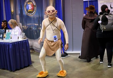 A cosplayer wearing a Gollum costume from "The Lord of the Rings" is seen at WonderCon 2023 at Anaheim Convention Center in Anaheim, California. To illustrate researchers being driven out by “toxic” academic Gollums.