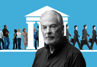 Graeme Turner, with a background showing a variety of people entering university and leaving as cloned business people. To illustrate market logic has converted universities from publicly oriented educators of citizens to workforce training institutions.