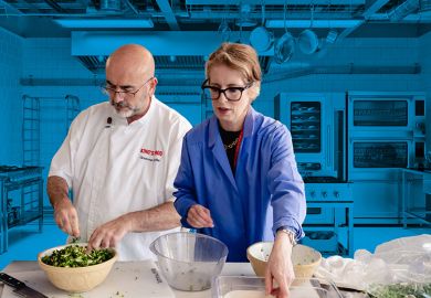 Montage of Rachel Gibson, reader in nutrition and dietetics at King’s College London, and Graeme Collie, associate director of catering and events, with a professional kitchen in the background.