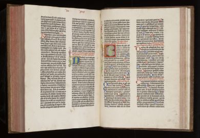 A copy of the Gutenberg Bible on display at the Cambridge University Library
