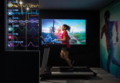 A woman runs on a running machine while some health stats are foregrounded