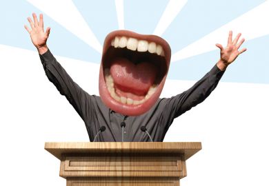 Huge mouth yelling from lecture podium