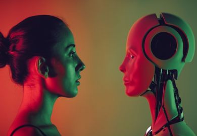A human face to face with a robot, illustrating the question of whether AI can be a peer reviewer