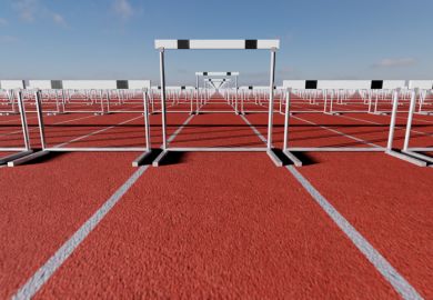 A running track with taller hurdles in one lane, symbolising unfairness