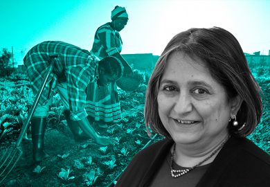 Director of Institute of Development Studies, Anuradha Joshi, with a background of African women tending a garden.
