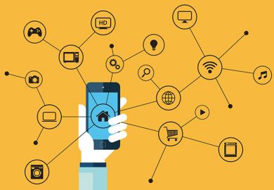 Illustration of person holding network-connected smartphone