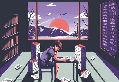 Illustration of a Chinese student surrounded by papers