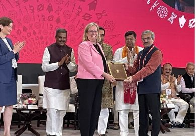 Professor Evelyn Welch, Vice-Chancellor and President of the University of Bristol, shakes hands with Shri Dharmendra Pradhan, India's Minister of Education Professor Evelyn Welch, Vice-Chancellor and President of the University of Bristol, shakes hands with Shri Dharmendra Pradhan, India's Minister of Education
