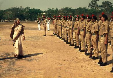 Prime Minister Indira Gandhi inspects the troops in Kolkata, India, in 1976