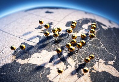Golden pins in a map of Europe, illustrating integration
