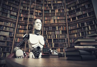 An intimidating robot sits in a library, illustrating loss of human intellectual confidence An intimidating robot sits in a library, illustrating loss of human intellectual confidence