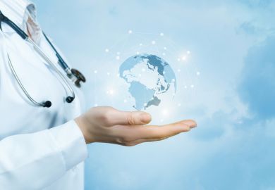 Doctor holds globe Doctor holds globe, illustrating THE University Impact Forum: Improving Health Outcomes, Transforming Lives