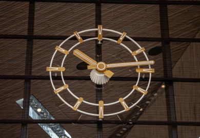 Rotterdam Netherlands, July 1st, 2019. Rotterdam Centraal, Clock closeup at the Central station building entrance Rotterdam Netherlands, July 1st, 2019. Rotterdam Centraal, Clock closeup at the Central station building entrance