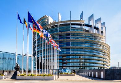 European parliament building, Strasbourg Entrance of the Louise Weiss building, inaugurated in 1999, the official seat of the European Parliament which houses the hemicycle for plenary sessions.