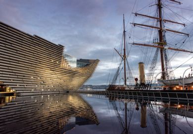 Victoria &Albert Museum Dundee exhibition opening Ocean Liners, Scottish Design museum exterior and ship at dusk.