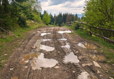A muddy road in the countryside