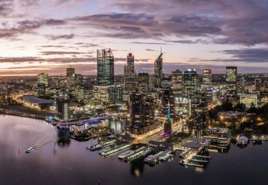 Aerial high angle drone view of Perth's CBD skyline with Elizabeth Quay in the foreground
