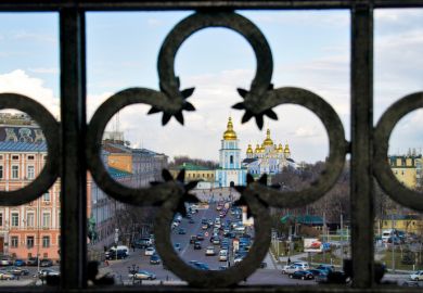 St Michael's Golden Domed Monastery in Kyiv, viewed from the bell tower of St Sophia's Cathedral. 