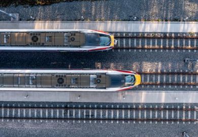 An aerial view of Hitach Azuma diesel electric fleet of high speed passenger trains at the LNER maintenance depot in Doncaster UK