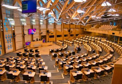 The debating chamber in the Scottish Parliament Building at Holyrood, Edinburgh, Scotland