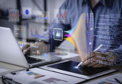 Data scientist uses a computer and dashboard for analysis