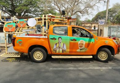 A Pick up Truck converted into a Political campaign Vehicle for Indian elections 2024 under BJP Prime minister Narendra Modi in Mysuru, India.