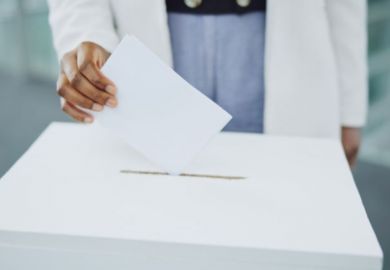 Hand, ballot and box for vote paper at president election cast, poll station choice or government selection.