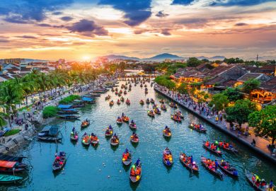 Aerial view of the ancient Vietnamese town Hoi An at twilight