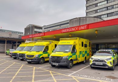 Ambulances waiting outside the accident and emergency department of The Heath Hospital near Cardiff city centre.