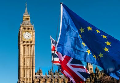European Union and UK flags in front of Big Ben, Brexit EU European Union and UK flags in front of Big Ben, Brexit EU