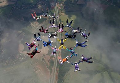A group of parachutists jumping from an airplane on July 25, 2017 in São Paulo