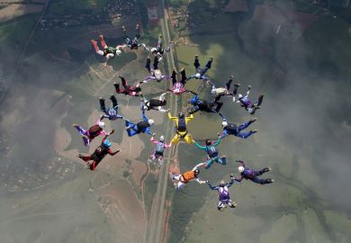 A group of parachutists jumping from an airplane on July 25, 2017 in São Paulo