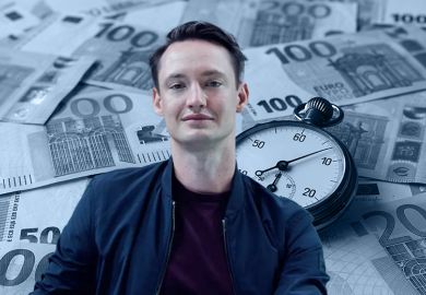 Jano Costard, head of challenges at the Federal Agency for Disruptive Innovation (Sprind), with Euros and stopwatch in background illustrating a rapid turnaround of grants. Jano Costard, head of challenges at the Federal Agency for Disruptive Innovation (Sprind), with Euros and stopwatch in background illustrating a rapid turnaround of grants.